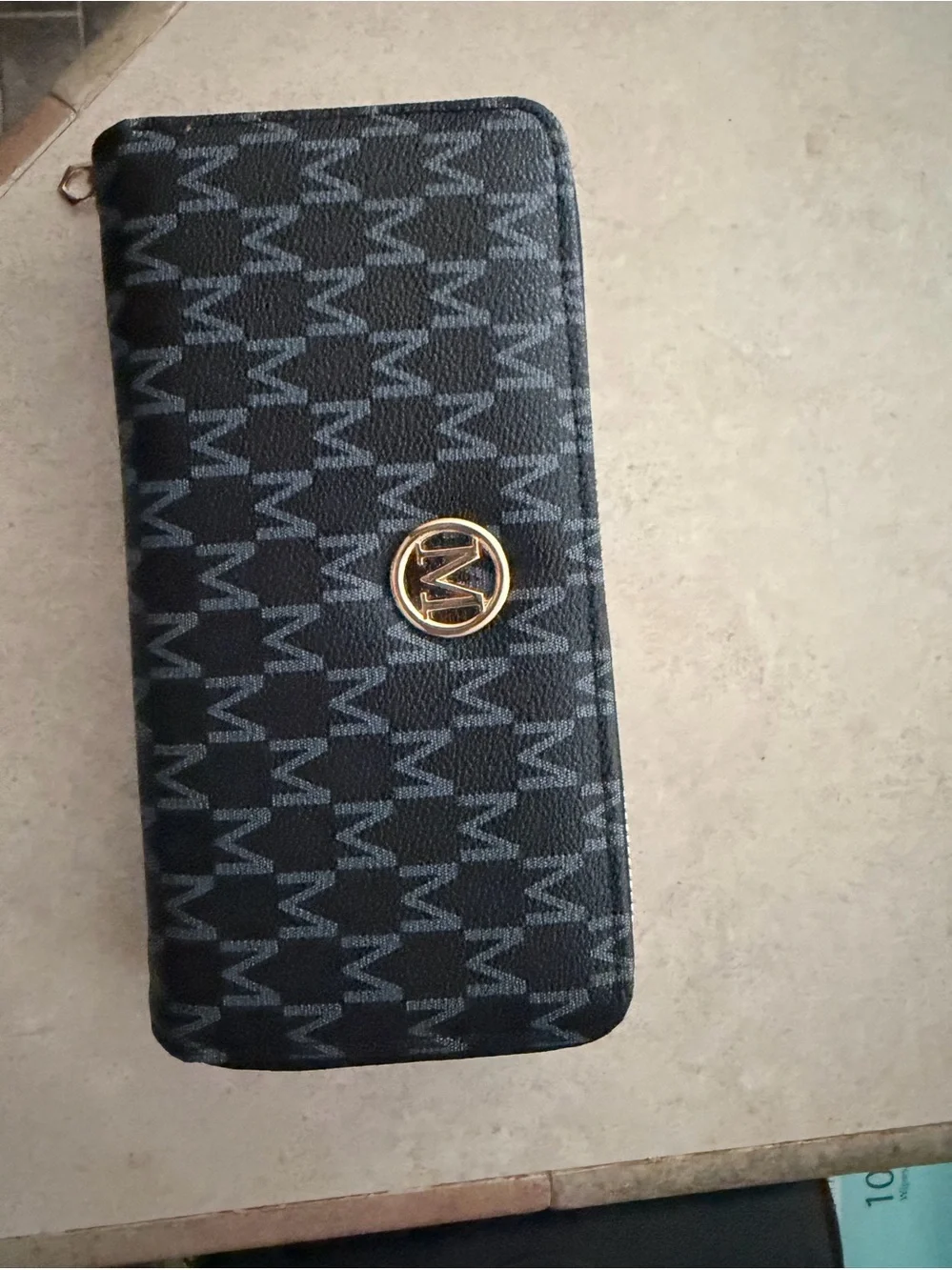 Michael Kors Black Patterned Zip Wallet with Gold MK Emblem